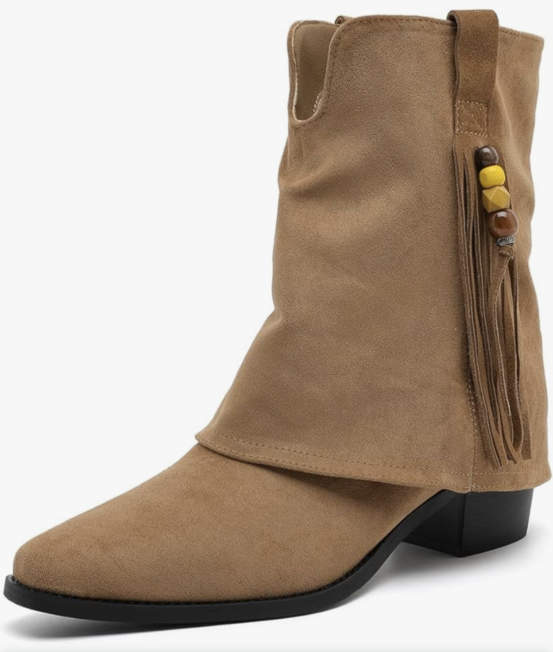 Suede fold-over western boots with fringe